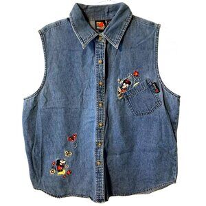Vtg Mickey Mouse & Minnie Sleeveless Blue Denim Shirt Button Up Sz XL Embroidery